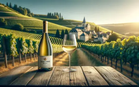 Bouteille et verre de Sancerre blanc sur une table en bois, avec des vignobles verdoyants et un village en arrière-plan. Le cepage Sancerre blanc est à l'honneur.