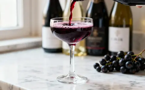 Un verre de vin rouge est servi, avec des grappes de raisin noir à côté. Le vin aligoté, souvent blanc, ici rouge, évoque la fraîcheur et la vivacité.