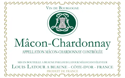 Étiquette de vin Mâcon-Chardonnay, un vin blanc de Bourgogne. Ce cépage Macon blanc est mis en bouteille par Louis Latour.