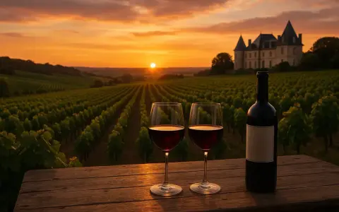 Deux verres de vin rouge bordeaux connu et une bouteille sur une table en bois, avec un vignoble et un château au coucher du soleil.