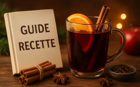 Un verre de vin chaud aux épices, prêt à réchauffer 50 personnes. Un livre "Guide Recette" à côté.