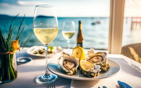 Un verre de vin blanc frais, prêt à accompagner un plateau de fruits de mer face à la mer. Le choix parfait pour savourer la fraîcheur de l'océan.
