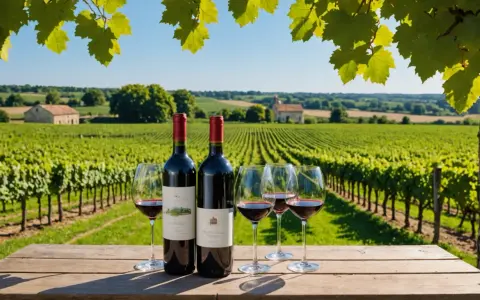 Dégustation de vin rouge sur une table en bois, avec des vignes à perte de vue. Un paysage typique de la côte de blaye sous un ciel bleu.