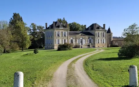 Un magnifique chateau la France, avec une allée sinueuse traversant une pelouse verdoyante sous un ciel bleu clair.
