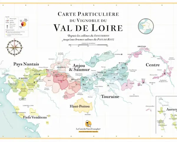 Carte des vins du Val de Loire : découvrez les régions viticoles, des Pays Nantais à l'Auvergne, et trouvez le meilleur vin de Loire rouge.