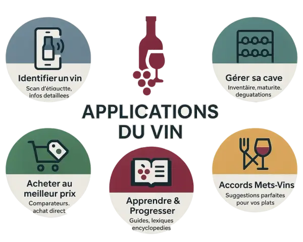 Cinq icônes illustrent les applications du vin : identifier, gérer sa cave, acheter, apprendre et trouver des accords mets-vins.
