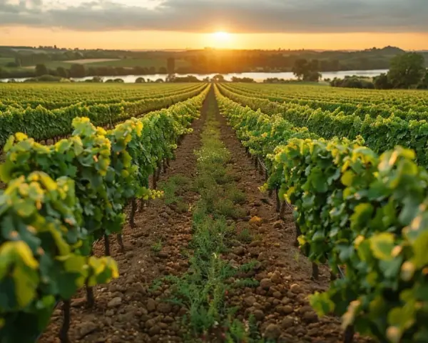 Un vignoble s'étend à perte de vue sous un soleil couchant. Les rangées de vignes, vertes et luxuriantes, semblent murmurer des secrets anciens, comme une invitation à la taille aux loups.