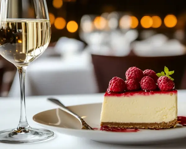 Un verre de vin blanc, une boisson parfaite pour accompagner ce délicieux cheesecake aux framboises.