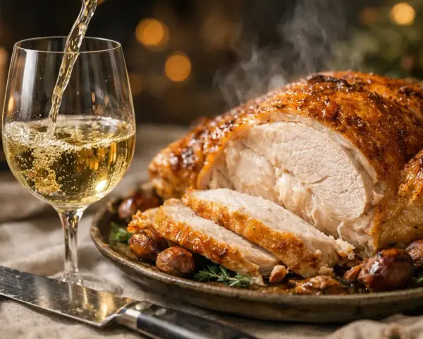 Un verre de vin blanc est versé près d'un chapon farci rôti, fumant et garni de marrons. Un repas festif.