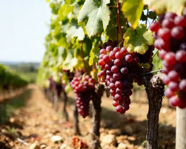 Grappes de raisin rouge mûrissant sous le soleil, prêtes à être récoltées pour le vin du **Château Montus**.