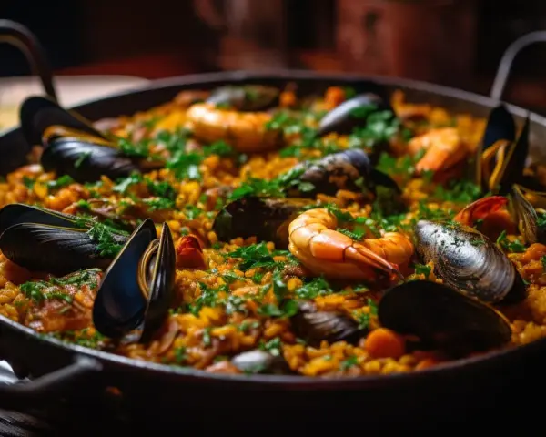Paella au poulet et fruits de mer, garnie de persil frais. Quel vin rouge avec paella poulet fruits mer ? Un plat savoureux.
