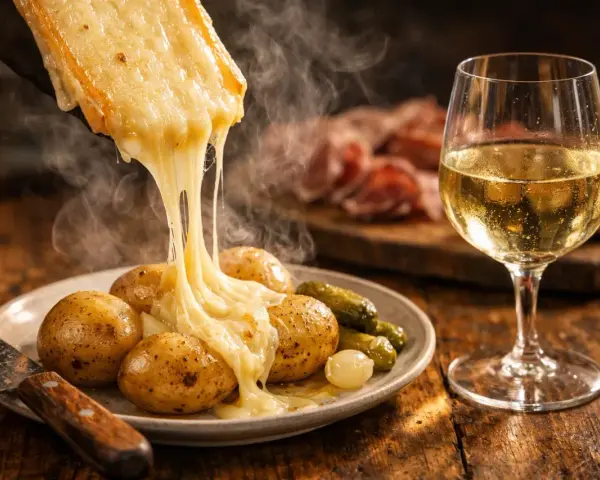Raclette fondant sur des pommes de terre, avec cornichons et un verre de vin blanc pétillant. Parfait pour savoir quel est le meilleur crémant.