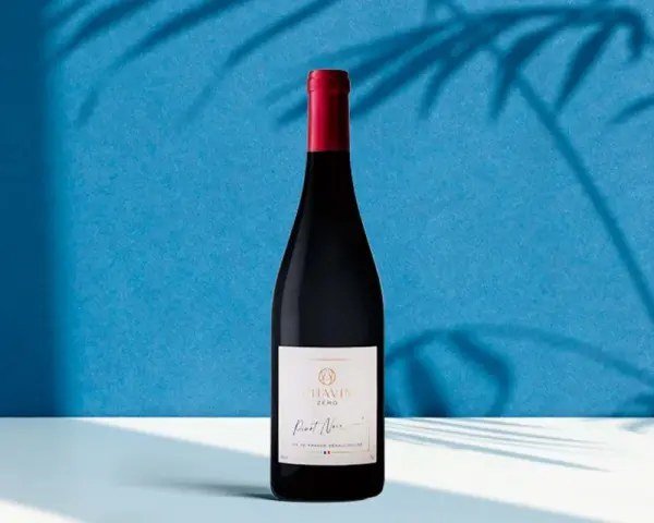Bouteille de Pinot Noir Chavin Zero, le meilleur vin sans alcool, sur fond bleu avec des ombres de feuilles.