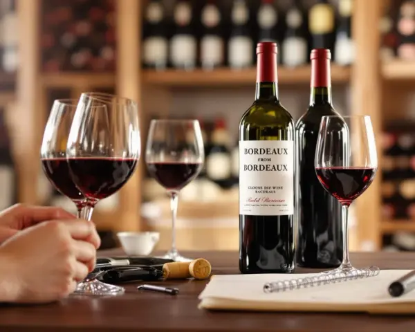 Dégustation de ce meilleur vin rouge bordeaux, avec des verres remplis et des bouteilles sur une table en bois, dans une cave à vin.
