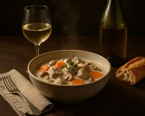 Un plat fumant de blanquette de veau, garni de carottes et champignons, accompagné d'un verre de vin blanc et d'une baguette.