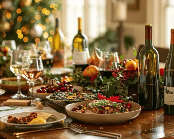 Un menu accord mets et vins festif avec des plats, des bouteilles de vin et des décorations de Noël.