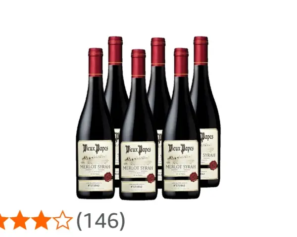 Six bouteilles de vin rouge Vieux Papes Merlot Syrah, avec une note de 4/5. Un avis sur ce vin vieux pape est très positif.