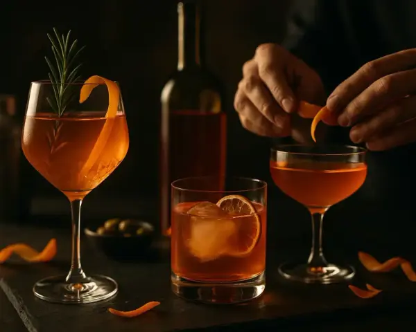 Trois cocktails ambrés, dont un avec une écorce d'orange et du romarin. Un barman prépare un autre verre avec du vin d'orange avec peau.