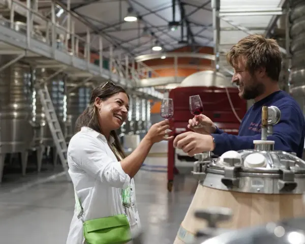 Un homme et une femme trinquent avec des verres de vin rouge dans une cave, savourant les meilleurs vins du Roussillon.