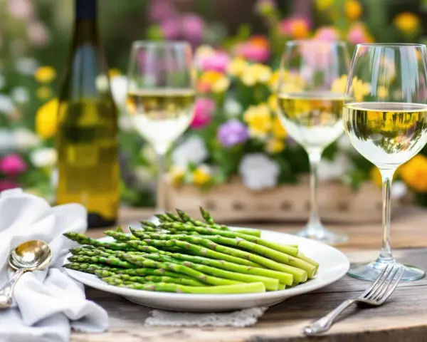 Un plateau d'asperges vertes fraîches, une bouteille de vin blanc et deux verres remplis de vin, parfaits pour savoir quel vin avec asperges.