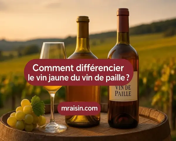 Bouteilles de vin, verre et grappe de raisin sur un tonneau, avec un vignoble en arrière-plan. Le texte demande "Comment différencier le vin jaune du vin de paille ?".