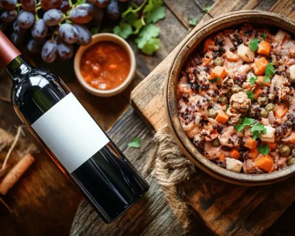 Un plat de céréales et légumes, accompagné d'une sauce, de raisins et d'une bouteille de vin rouge.