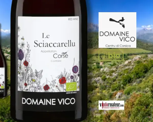 Bouteille de vin rouge "Le Sciaccarellu" du Domaine Vico, un cépage corse rouge, sur fond de paysage montagneux.