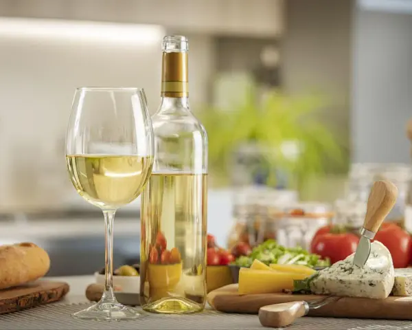 Un verre et une bouteille de quel vin blanc, accompagnés de pain, de fromage et de tomates, prêts pour un apéritif.