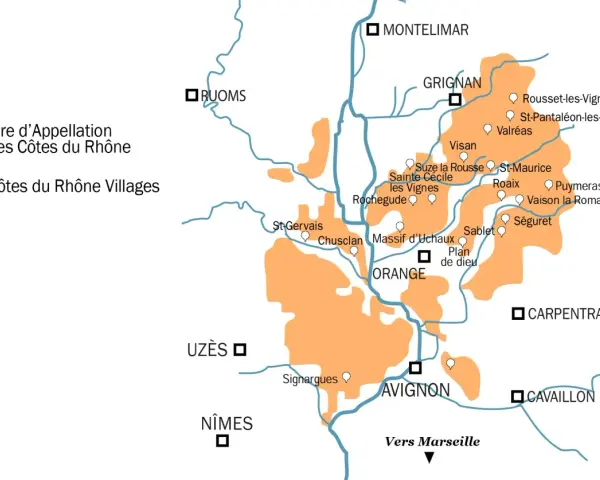 Carte des Côtes du Rhône avec les zones d'appellation et villages.