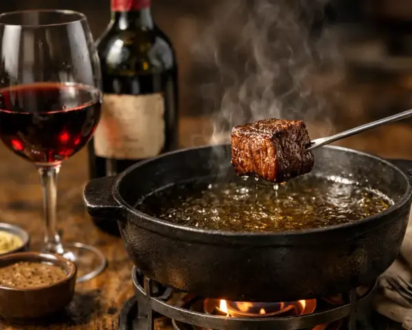 Un morceau de bœuf est plongé dans une fondue fumante, accompagné d'un verre de vin rouge.