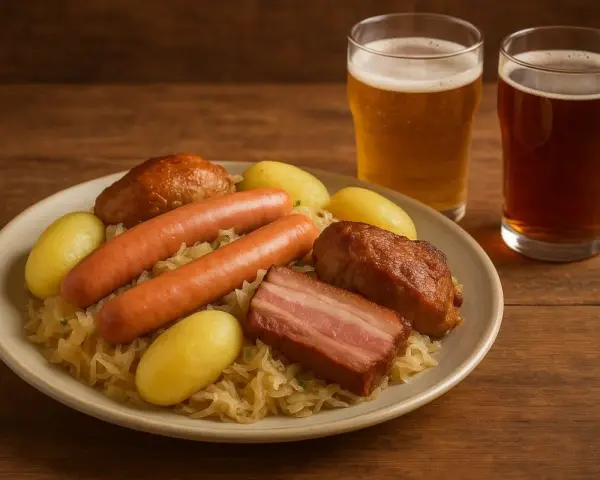 Assiette de choucroute garnie avec saucisses, lard, pommes de terre et deux verres de bière. Un repas copieux, parfait avec une bière ou un vin blanc.