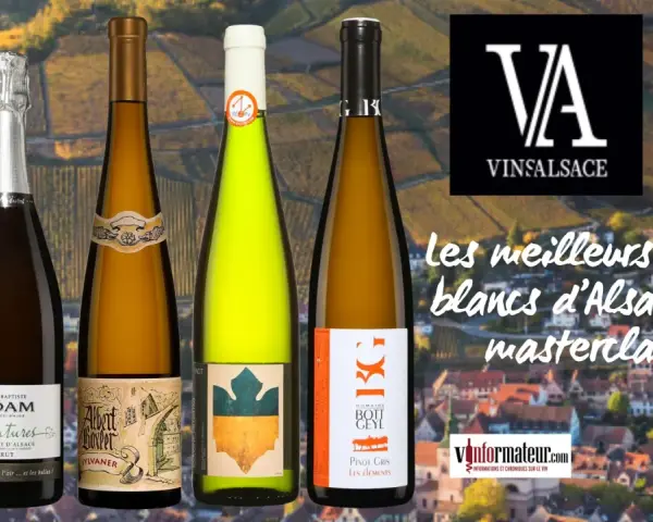 Quatre bouteilles de vin d'Alsace, dont un meilleur pinot gris, sur fond de vignobles.