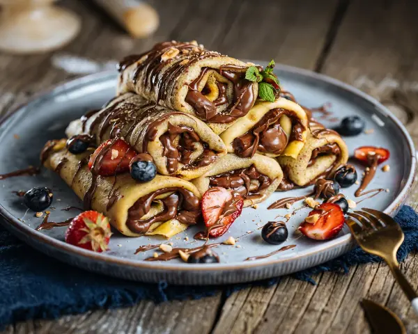 Crêpes roulées au chocolat, garnies de fraises et myrtilles. Parfaites pour savoir que boire avec des crêpes sucrées.