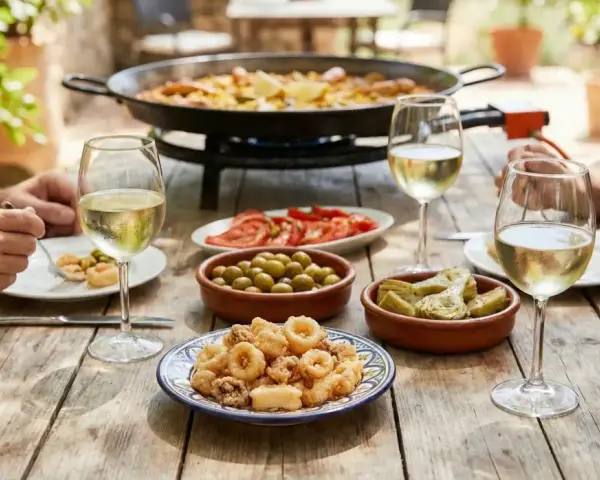 Un repas ensoleillé avec une paella fumante, des calamars frits, des olives, des cœurs d'artichauts, des tomates et un verre de vin blanc.