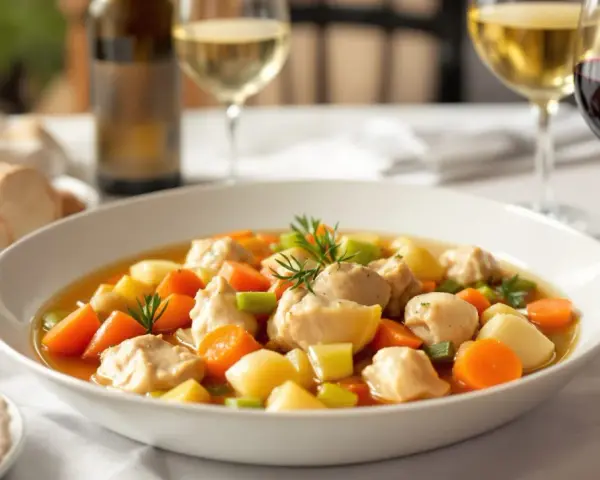Un plat de poule au pot réconfortant, servi avec du pain et un verre de vin.