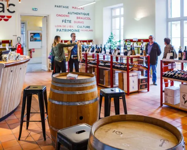 Dans une cave à vin, des clients dégustent du vin du Tarn. Des étagères chargées de bouteilles et des tonneaux en bois complètent le décor.