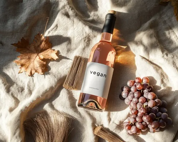 Bouteille de vin vegan rosé, posée sur un tissu beige, avec des grappes de raisin et des feuilles d'automne.
