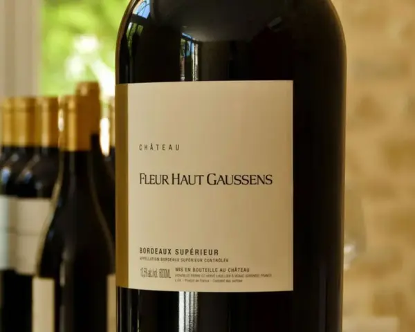Bouteille de vin rouge Château Fleur Haut Gaussens, Bordeaux Supérieur, avec d'autres bouteilles en arrière-plan.