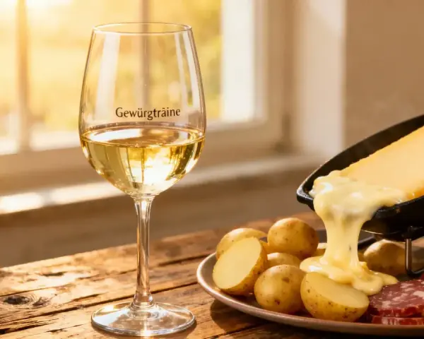 Un verre de Gewurztraminer accompagne une raclette fondante, des pommes de terre et de la charcuterie sur une table en bois.