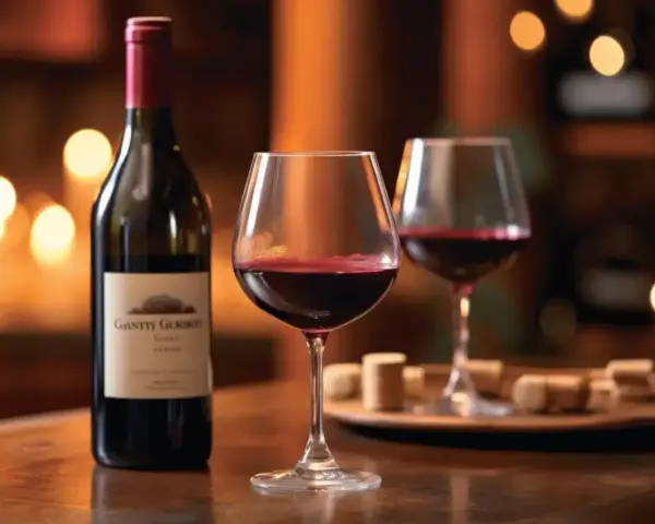 Une bouteille et deux verres de vin rouge, un gamay vin, sur un bar. Des bouchons de liège sont disposés sur un plateau.