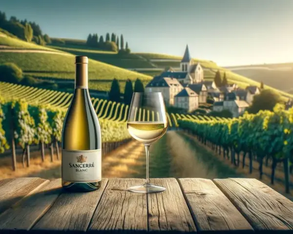 Bouteille et verre de Sancerre blanc sur une table en bois, avec des vignobles verdoyants et un village en arrière-plan. Le cepage Sancerre blanc est à l'honneur.