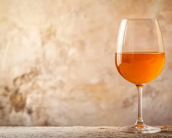 Verre de vin de macération à la couleur ambrée, sur un fond texturé et une table en bois.