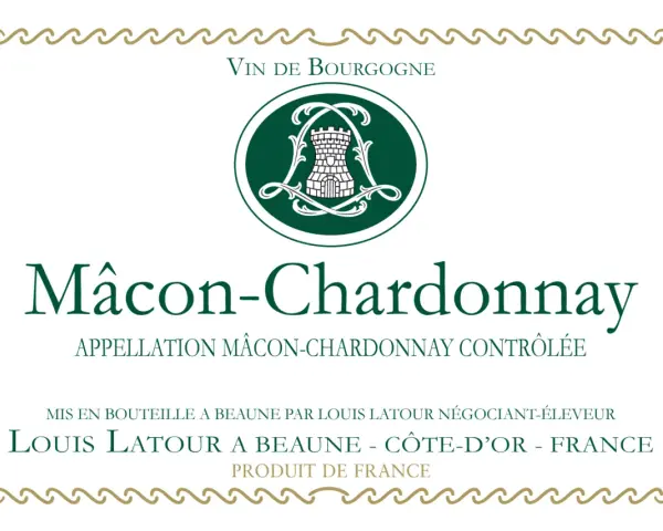 Étiquette de vin Mâcon-Chardonnay, un vin blanc de Bourgogne. Ce cépage Macon blanc est mis en bouteille par Louis Latour.