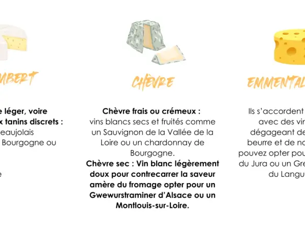 Quel vin avec le fromage ? Le Camembert s'accorde avec un vin rouge léger, le Chèvre avec un blanc sec, et l'Emmental avec un blanc aux notes de noisette.