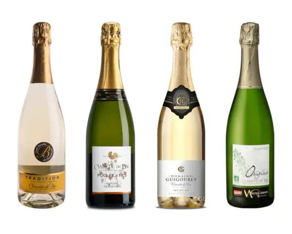 Quatre bouteilles de Clairette de Die, dont une cuvée blanche et trois en bouteilles vertes, prêtes à être dégustées.