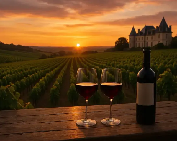 Deux verres de vin rouge bordeaux connu et une bouteille sur une table en bois, avec un vignoble et un château au coucher du soleil.