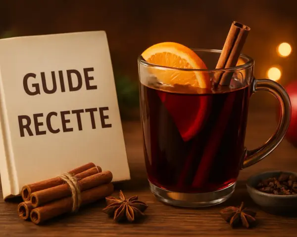 Un verre de vin chaud aux épices, prêt à réchauffer 50 personnes. Un livre "Guide Recette" à côté.