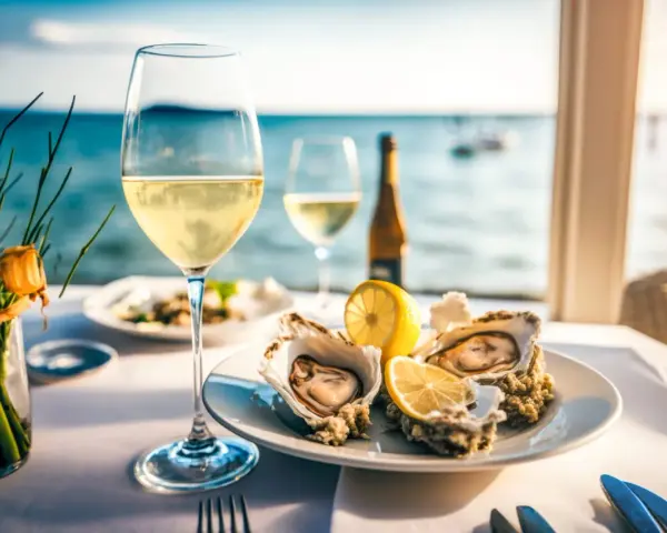 Un verre de vin blanc frais, prêt à accompagner un plateau de fruits de mer face à la mer. Le choix parfait pour savourer la fraîcheur de l'océan.