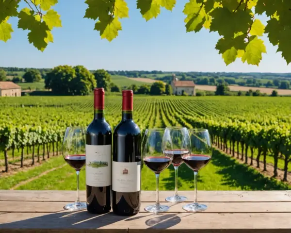 Dégustation de vin rouge sur une table en bois, avec des vignes à perte de vue. Un paysage typique de la côte de blaye sous un ciel bleu.