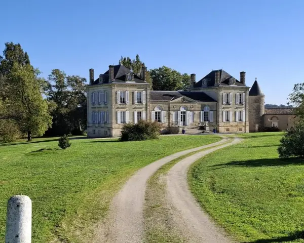 Un magnifique chateau la France, avec une allée sinueuse traversant une pelouse verdoyante sous un ciel bleu clair.